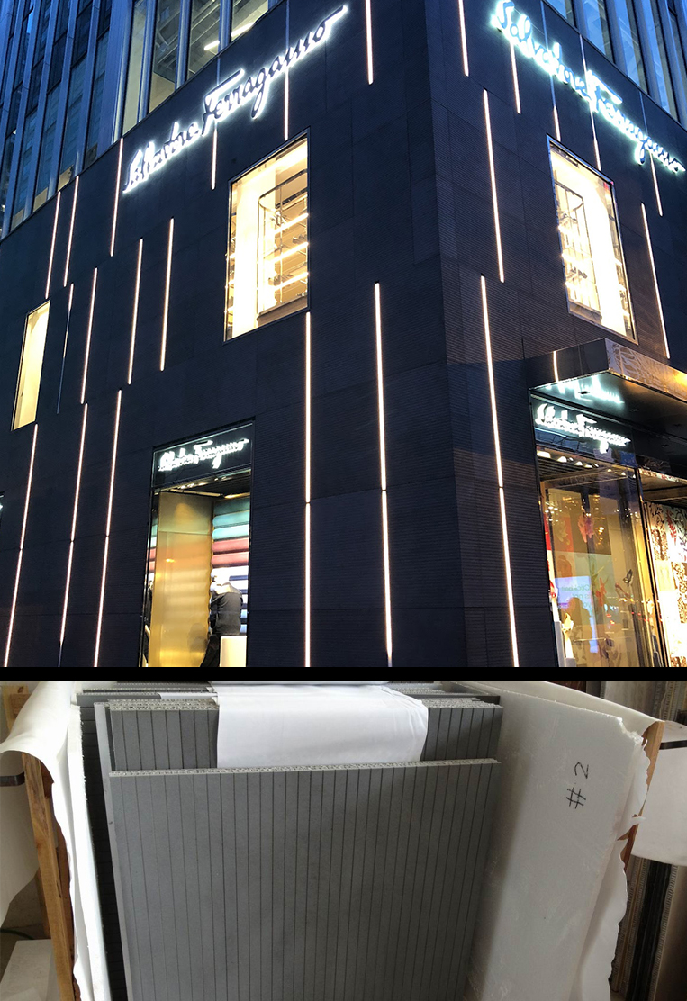 Ferragamo facade, Chicago, grooved black basalt panels